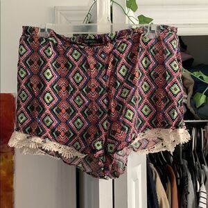 Colorful Geometric Patterned Shorts with Lace Trim